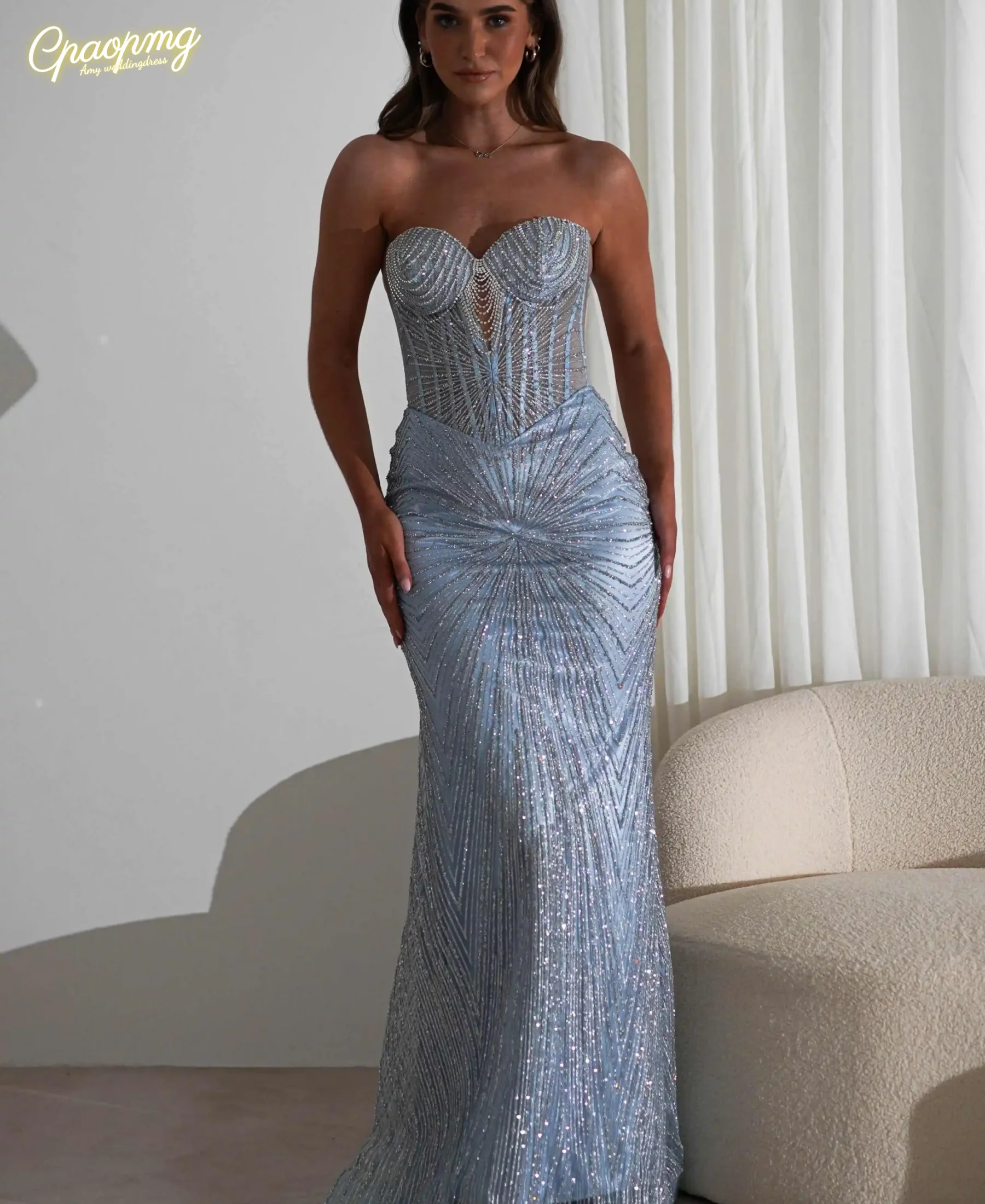 

Блестящее вечернее платье русалки по индивидуальному заказу, расшитое бисером и блестками, без бретелек, без рукавов, платья для выпускного вечера, длиной до пола, вечерние платья