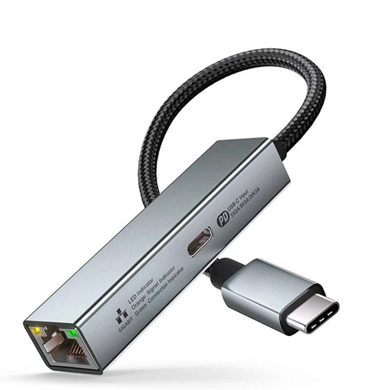 

2 In 1 USB C Network Card With PD 60W Fast Charging Port 1000Mbps Type C To Ethernet RJ45 Lan Gigabit Adapter For PC