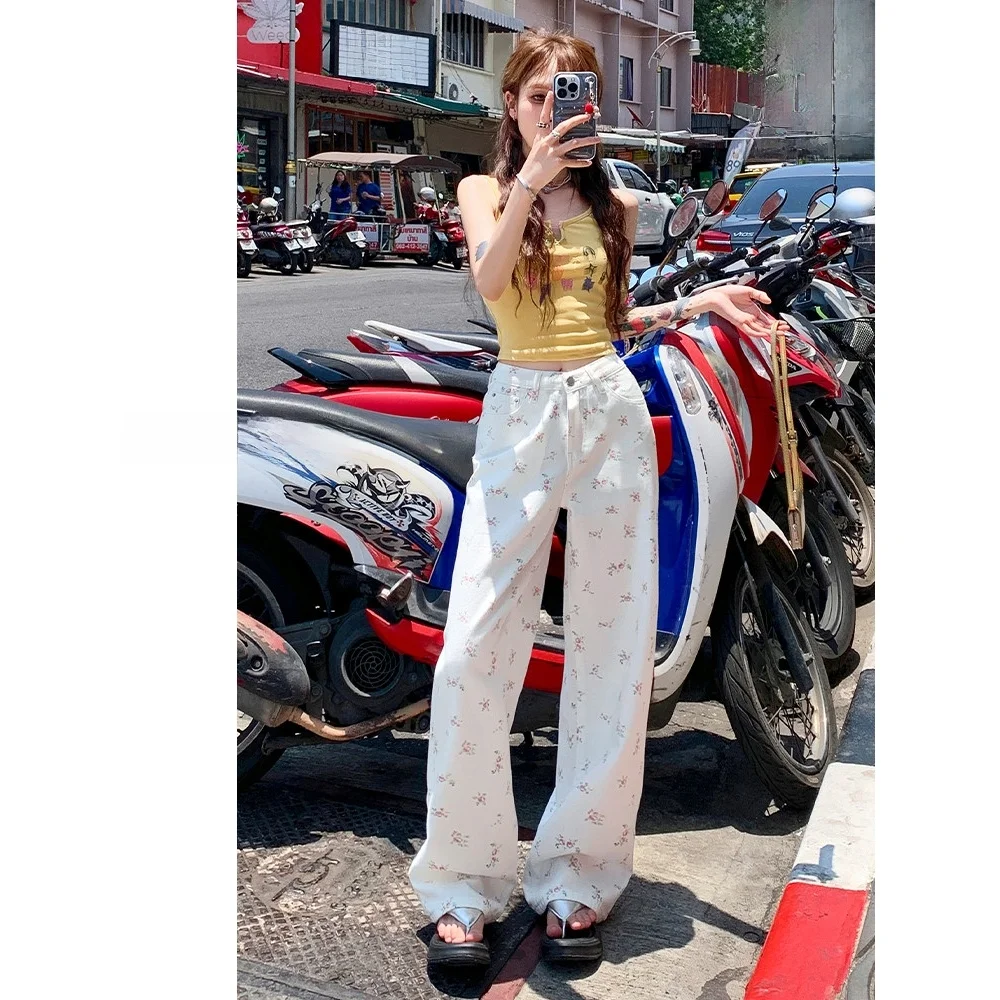 

Корейские джинсы с цветочным принтом, высокой талией и широкими штанинами, женские, свободного кроя, весенние, модные, стройнящие, из драпированного денима