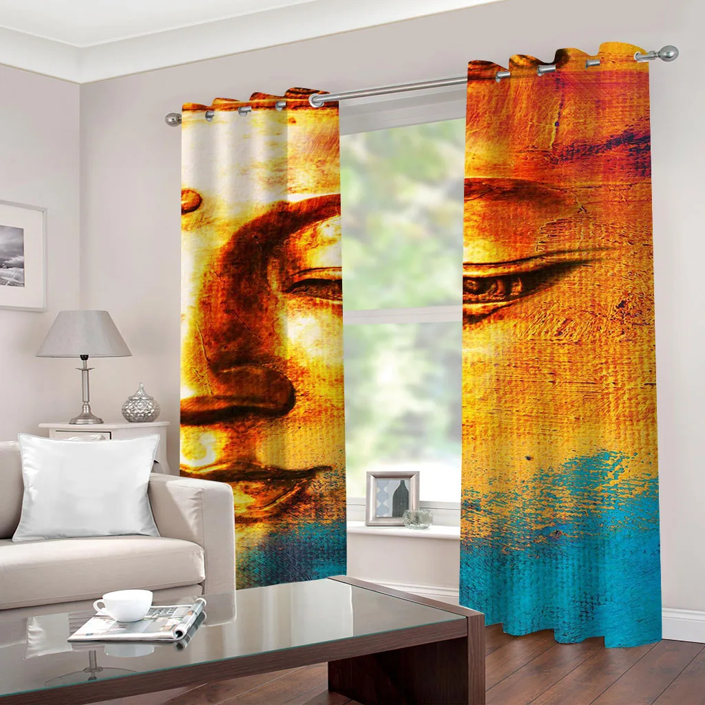 HUANZHUANG Blackout Curtain Room Buddha Statue Art Cheap Modern Curtains For Windows Bedroom Living Room Decor 2 Pieces Free