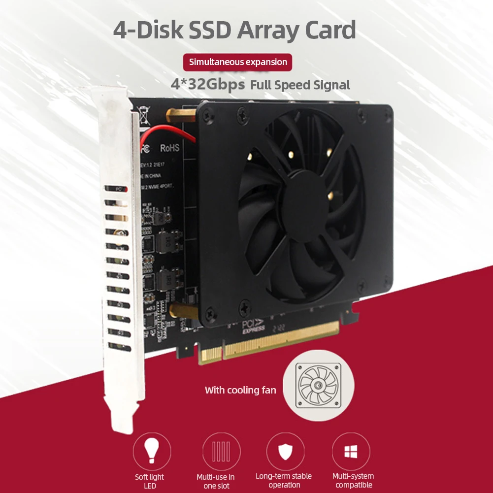 4 Disk M.2 NVME M KEY SSD To PCIe 4.0 X16 Adapter with Heat Sink PCIEX16 NVME M.2 MKEY SSD RAID Array Expansion 4 X 32Gbps