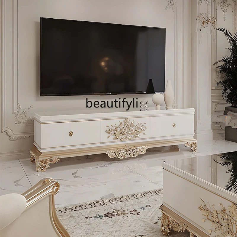 

French light luxury palace style solid wood carving flower TV cabinet coffee table combination living room high-end