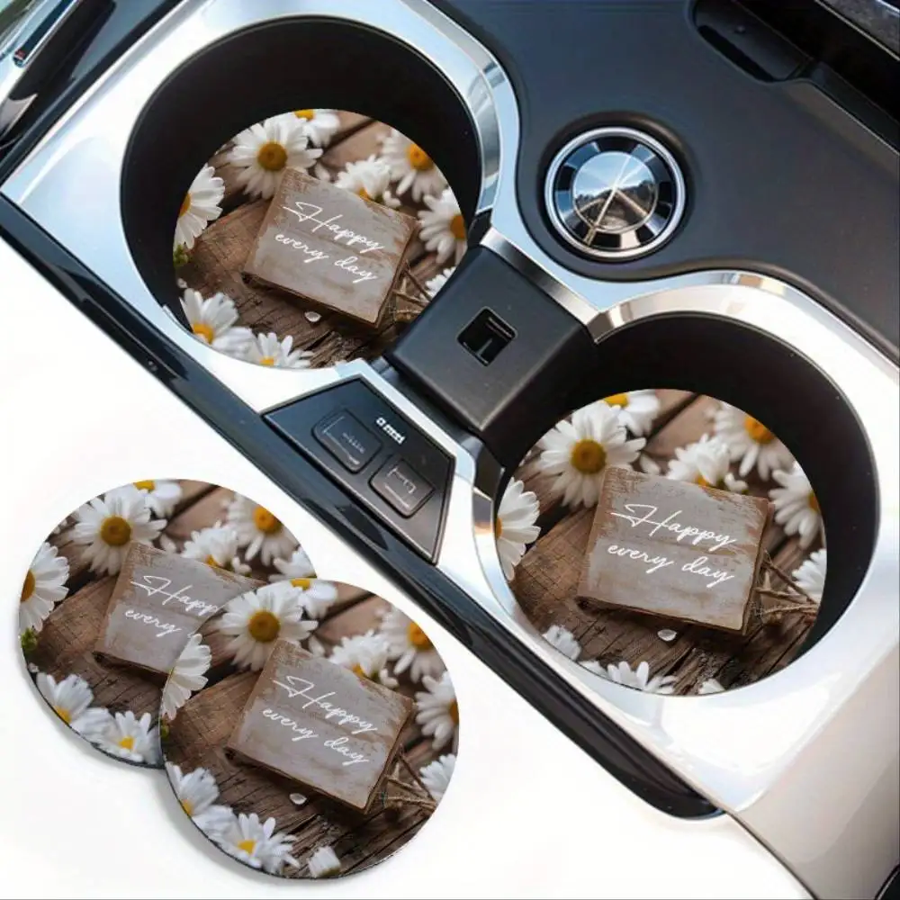 Happy Every Day Daisy EVA Car Cup Holder Coasters 2 Pack Absorbent Non-Slip Texture