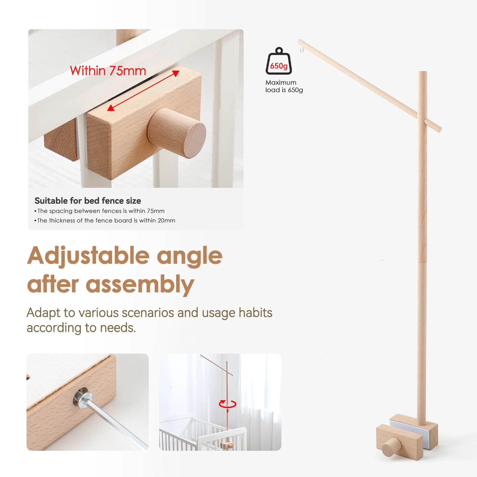 Wooden Crib Mobile Stand Rectangular Design Fits Bed Rail Spacing Within 75mm Thickness Within 20mm Max Load 650g Easy Install