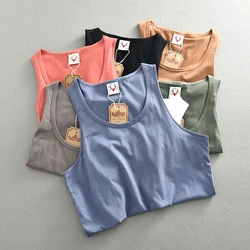 451# Summer New American Retro Sleeveless O-neck Solid Color T-shirt Men's Fashion 100% Cotton Washed Casual Sports Vest Tops