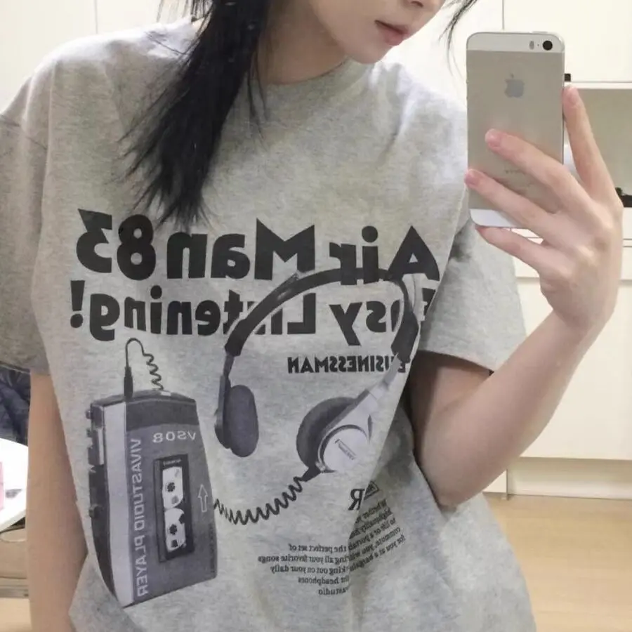 

Heavy cotton short-sleeved T-shirt for women new summer design niche American loose gray top ins trend women clothing y2k tops