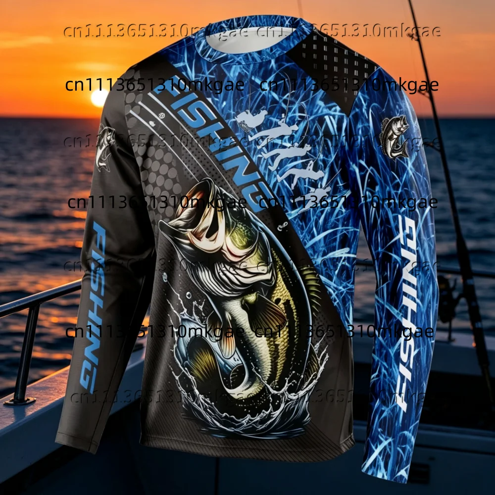 Outdoor Angling Long Sleeve Shirt Men Bass Fish Splash Print Camouflage Protection Quick Dry Breathable Fishing Sports Jersey