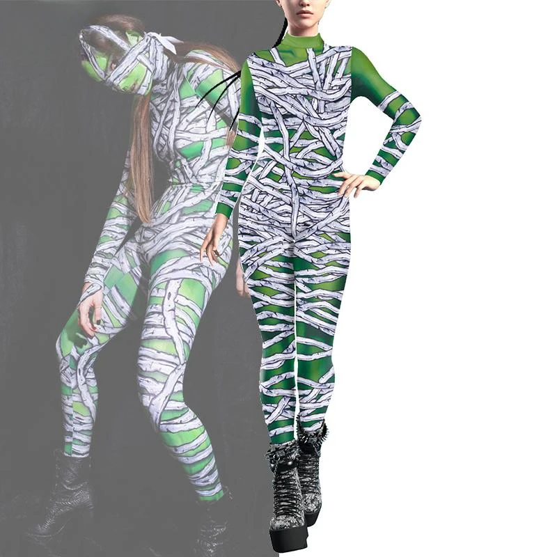 Twanoon Spaventoso Mummia Costume Ragazze Cosplay Tuta Carnevale Halloween Party Outfit Cerniera posteriore Zentai Tuta Donna Vestiti