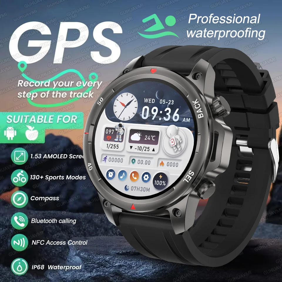 

2025Новые спортивные часы для улицы, GPS, NFC, умные часы для мужчин, 1,53-дюймовый AMOLED-дисплей, IP68, водонепроницаемые, BT-вызовы, фитнес-отслеживание, умные часы