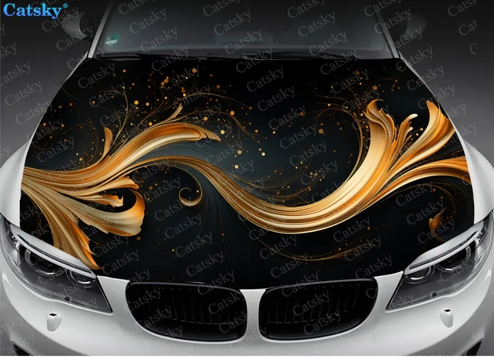 Golden Splashes Swirls Car Hood Vinyl Stickers Wrap Vinyl Film Engine Cover Decals Sticker Universal Car Hood Protective Film