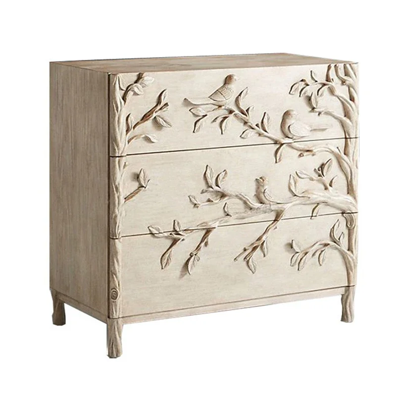 High-end French solid wood carving chest of three drawers retro old decorative cabinets bedside table American entrance cabinet