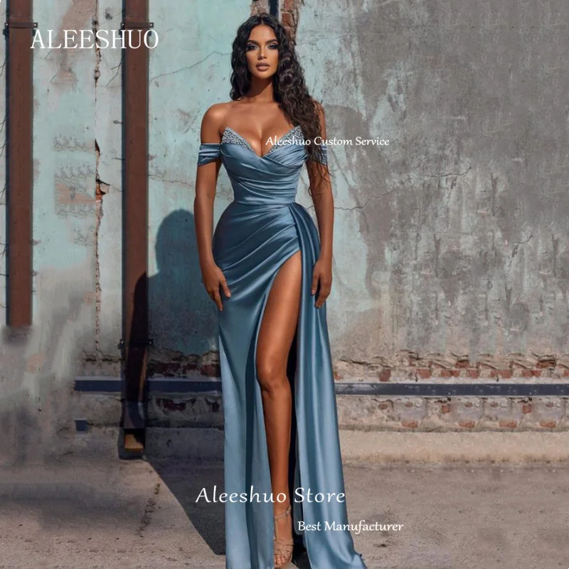 Aleeshuo-vestidos de noche con cuentas de sirena, vestido de graduación Formal con abertura lateral alta, Sexy, satén, largo hasta el suelo, vestido de fiesta de cóctel