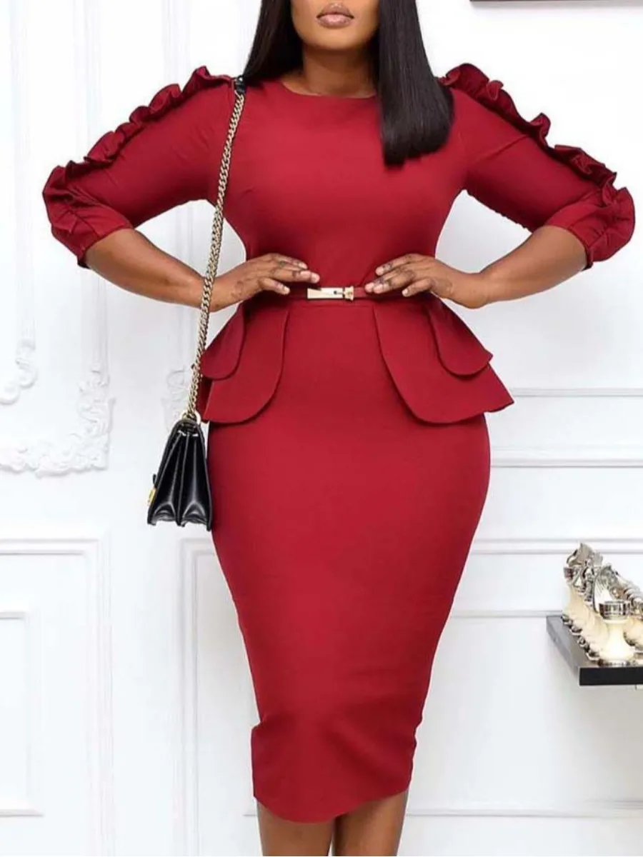 

LW Elegant Red Ruffle Design Bodycon Dress Office Lady Business Clothings 3/4 Sleeve Nipped Waist Wrapped Skirt Lady Chic Dress