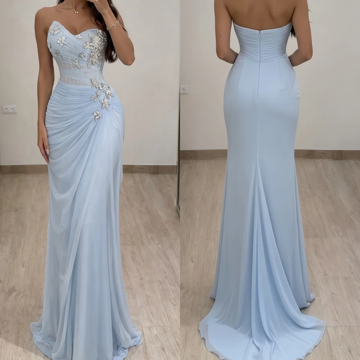 

Women Elegant Party Dress Light Blue Strapless Mermaid Evening Dresses Star Rhinestone Beaded Sheer Corset Formal Gown for Prom