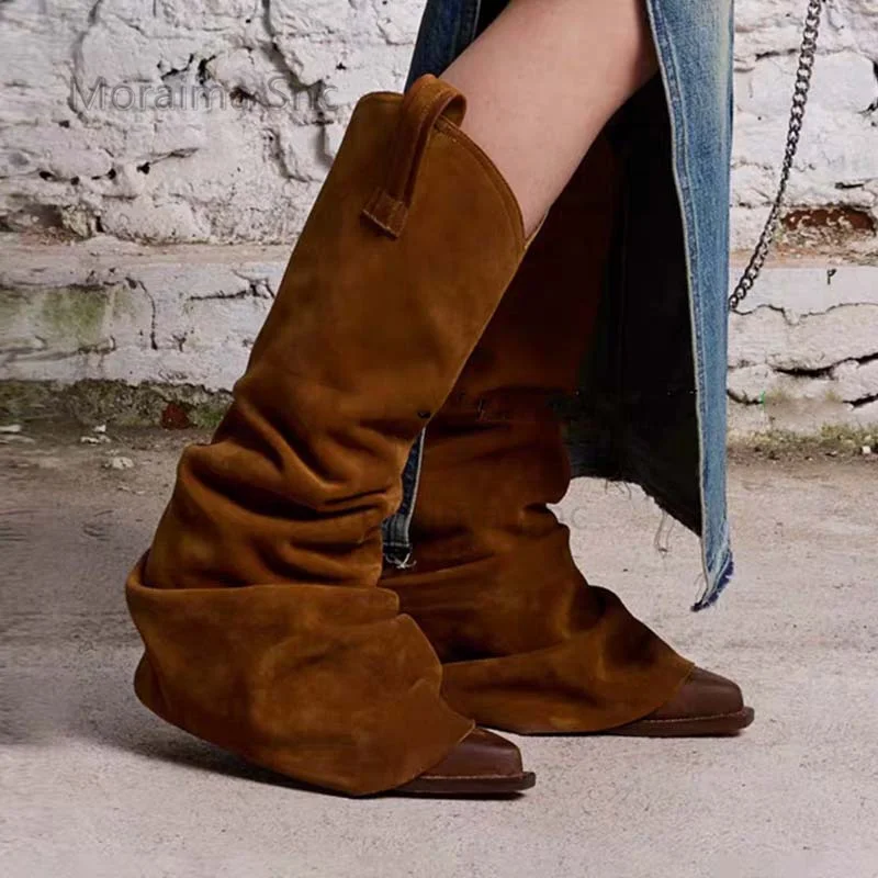 

Retro Pleated Slouch Boots Pointed Toe Women's Boots Chunky Heels Western Cowboy Boots Slip On Knight Autumn Winter Lady Shoes