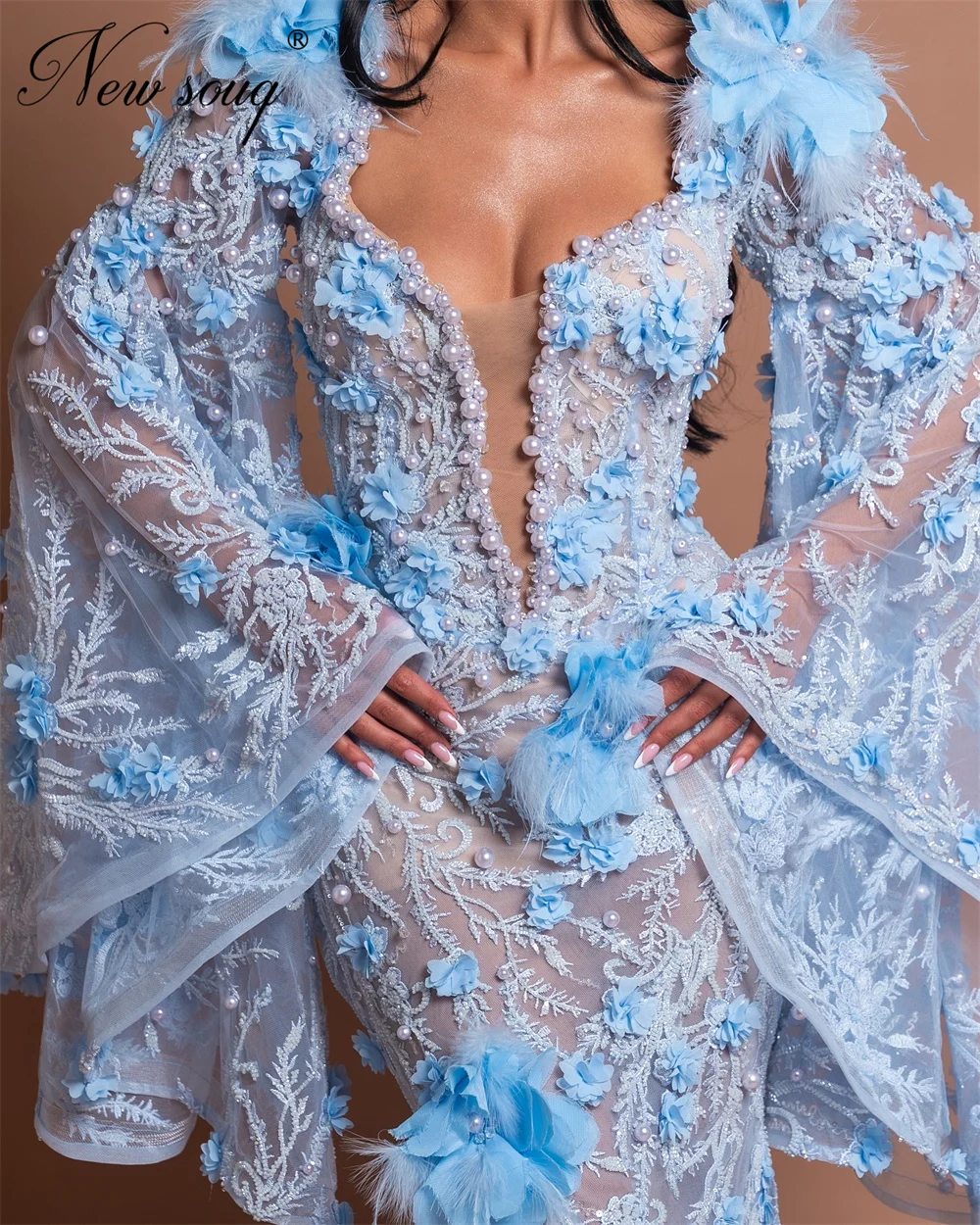 ใหม่ Elegant Blue 3D ดอกไม้ชุดราตรีตะวันออกกลางแขนยาวชุดราตรีสําหรับผู้หญิงประดับด้วยลูกปัด Gowns งานแต่งงานที่กําหนดเอง