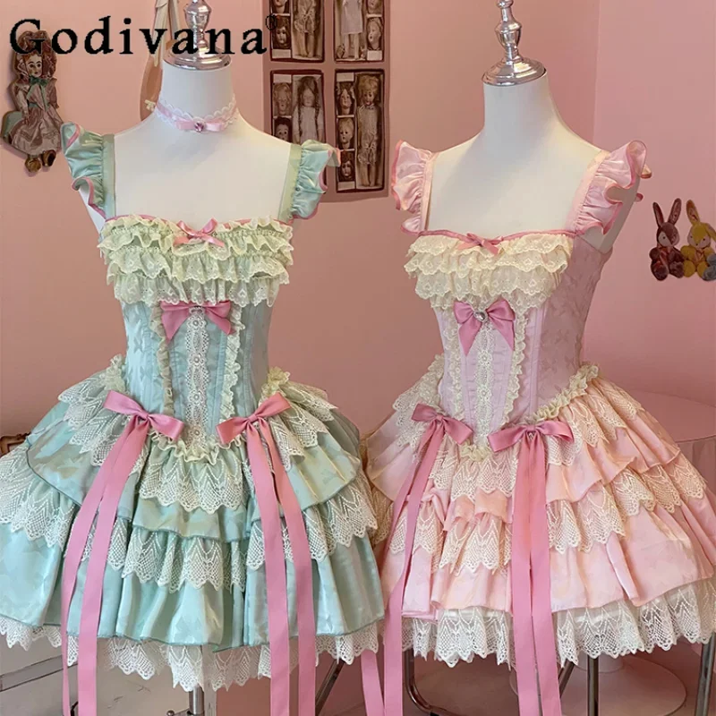 

Girls Bow Lace Lolita Pink Princess Dress Womens High Waist Slim-Fit Elegant Beautiful Birthday Dress 2024 Summer Y2k Dresses