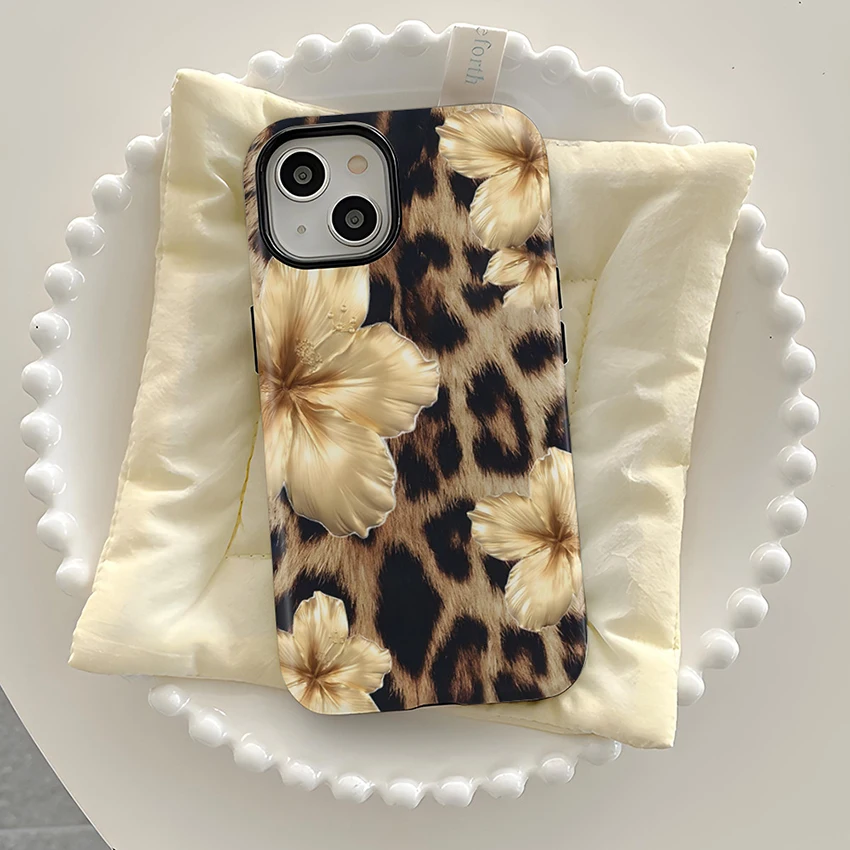 Coque de téléphone Double pour Iphone 17 16 15 14 13 Pro 12 11 Max Plus 17Pro, étui de téléphone imprimé léopard à fleurs peintes, housse de doublure en Tpu