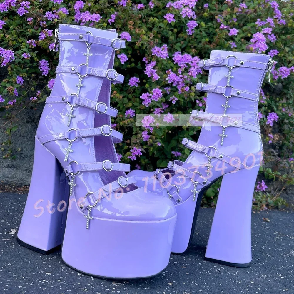 Lavender Strappy Platform Ankle Boots Women Cross Charm Multiple Buckle Round Toe Chunky Heels Boots Edgy Gothic Festivals Boots