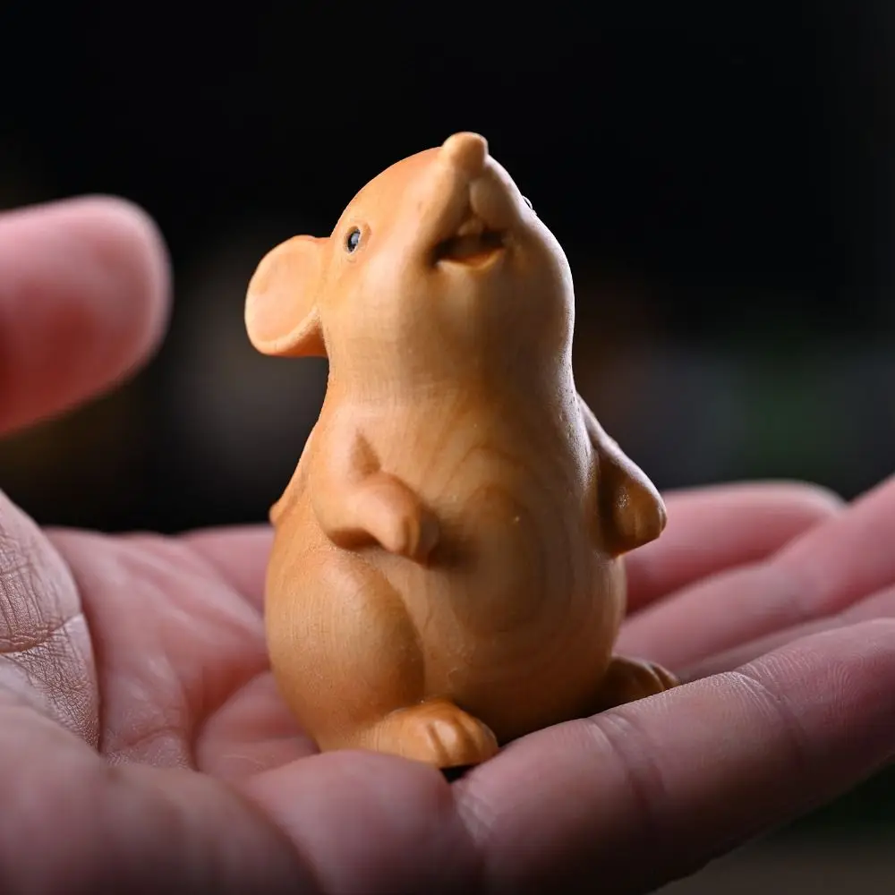 Home Decor Wood Carved Zodiac Mouse Statuette Funny Cute Hamster Statue Decorative Animal Figurine Sculpture Birthday Gift