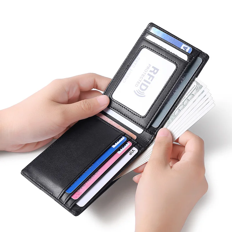 

Male Mini Wallet Money Clip Genuine Leather Wallet for Men Business Credit Card ID Badge Holder Minimalist Wallet Man