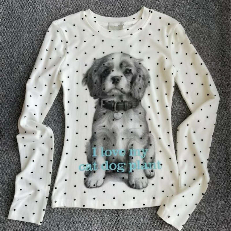 2000s American Vintage Slim Print Dot Long Sleeve T Shirts Y2k