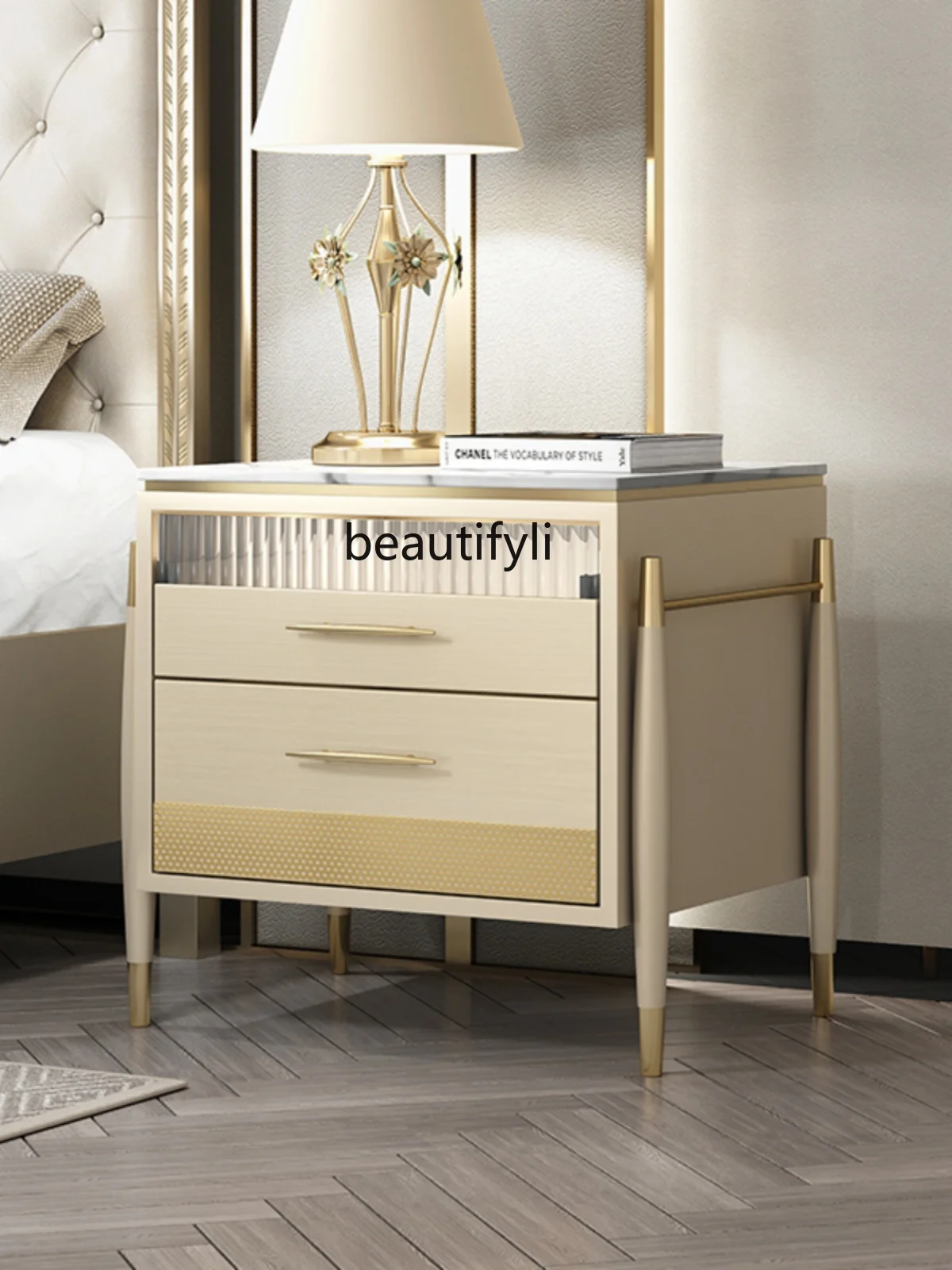 Light Luxury Bedside Table Simple Modern Bedroom Solid Wood High-Grade Glass with Light Bedside Cabinet