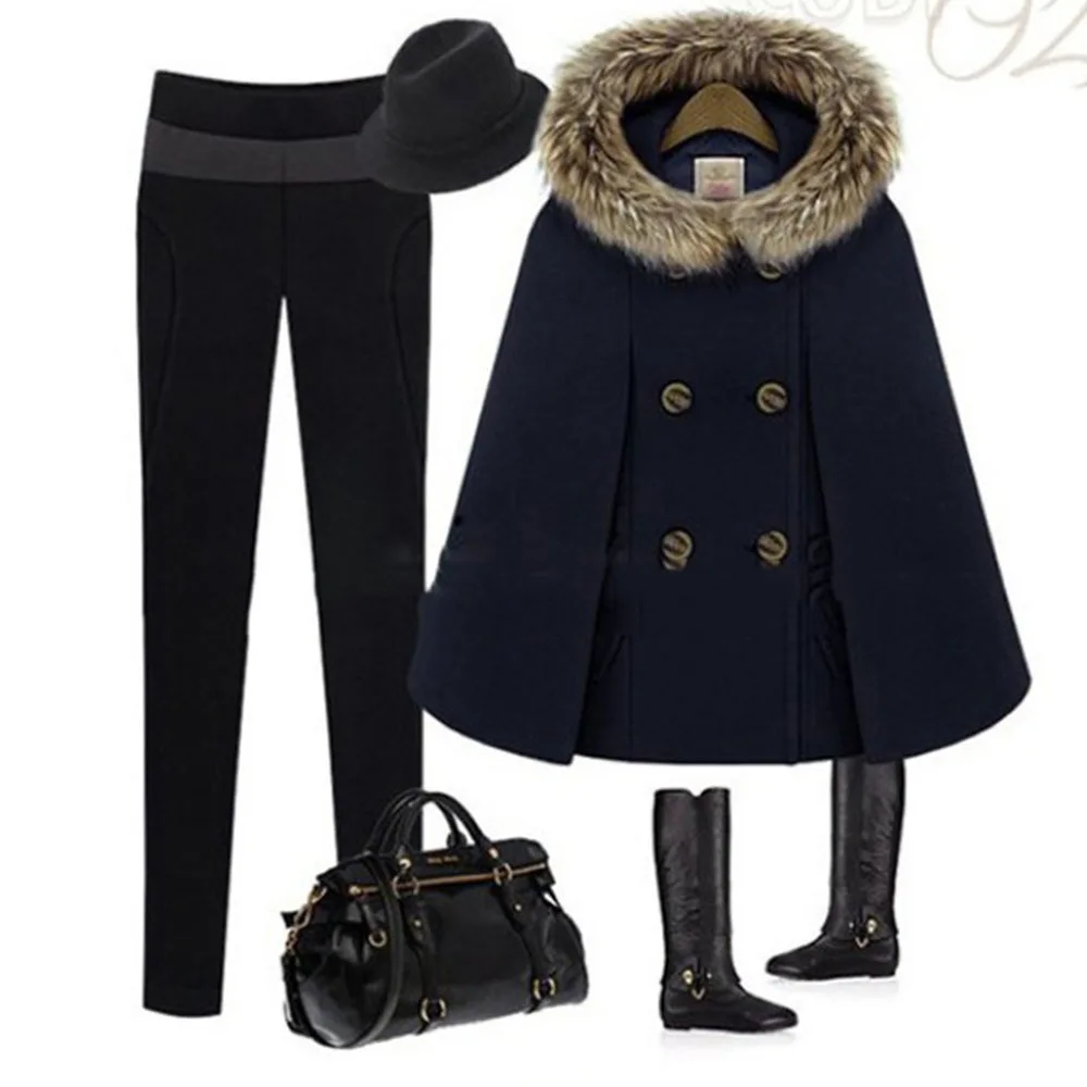 Women\'s Woolen Blends Ponchos 2023 Winter Autumn Wool Cloak Warm Faux Fur Collar Double Button Female Cape Outerwear Manteau