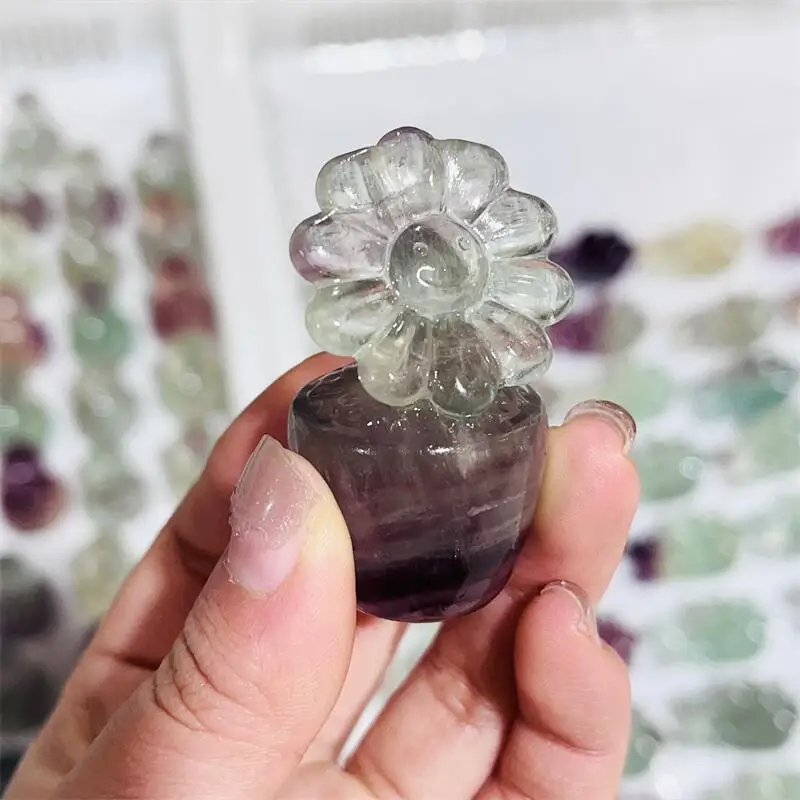 

Natural Fluorite Sunflower Carving Decoration Healing Crystal Reiki Figurine Gemstone Animals Ornament Craft Gift 1pcs