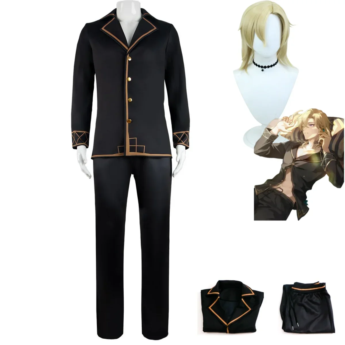 Anime Game Honkai: Star Rail Aventurine Cosplay Costume Wig Black Pajamas Home Furnishings Shirt Man Daily Leisure Suit