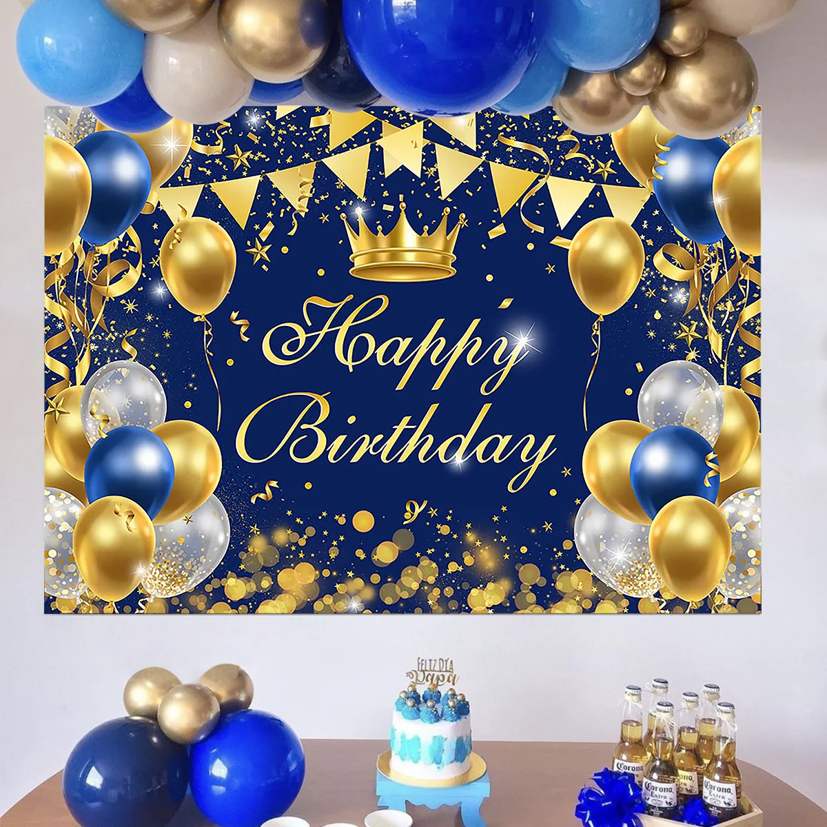 Blue Gold Birthday Backdrop Background Royal King Crown Happy Birthday Party Decorations Background Kids Boy Birthday Suppies