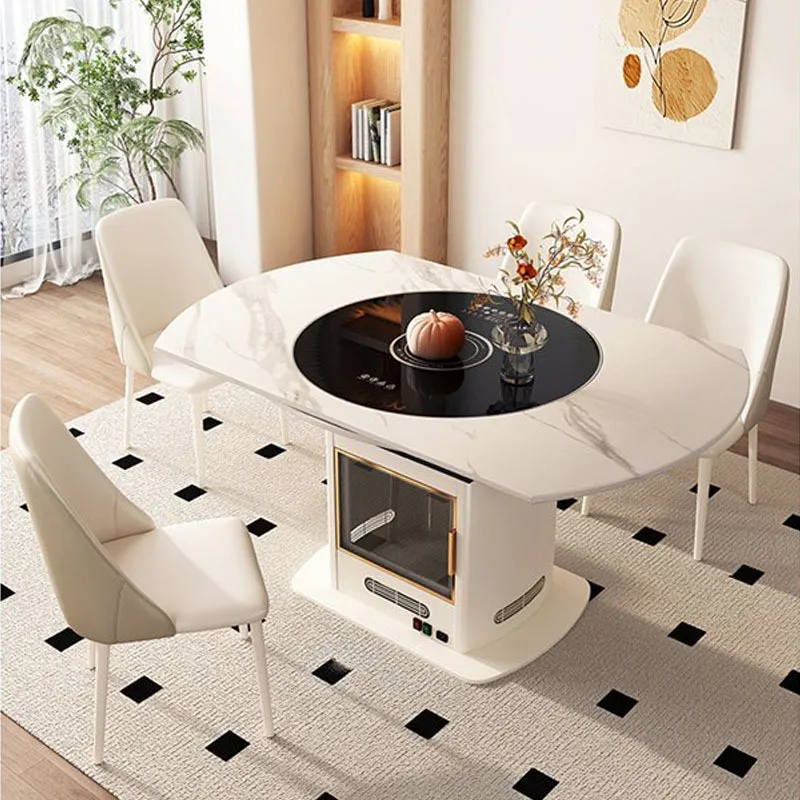 Cream wind rock slab fire table retractable inlaid turntable induction cooker