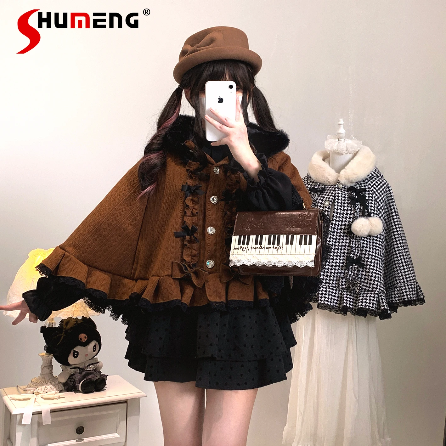 

Японский плащ с капюшоном в стиле Лолиты, пончо, зима 2025, новинка для девочек, милый кружевной плюшевый теплый вязаный короткий жакет с бантом, женские накидки