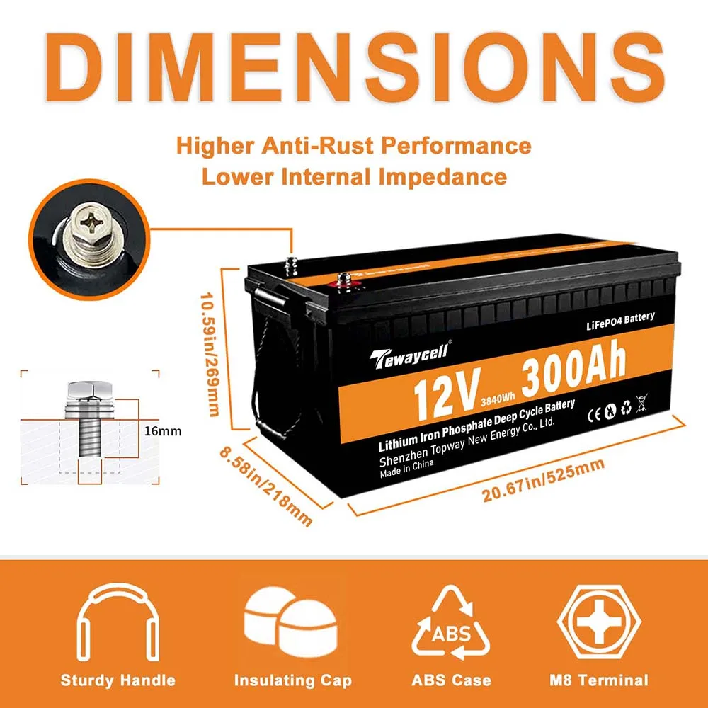 TEWAYCELL 12V 300AH LiFePO4 Battery Pack Lithium Iron Phosphate  Bluetooth Grade A Built-in BMS for Solar Power System RV NO TAX
