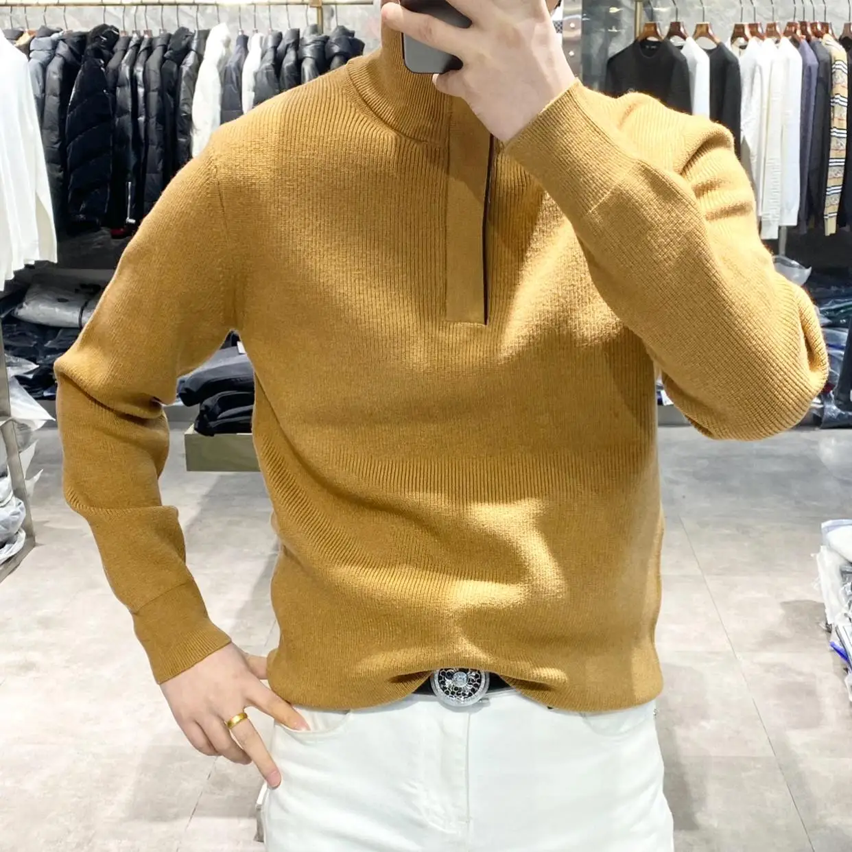 Autumn zipper semi-high collar solid color long sleeve cashmere sweater men's slim pure cashmere knit bottoming shirt