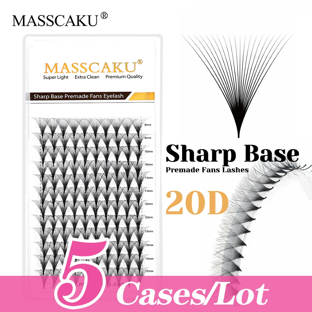 MASSCAKU Factory Wholesale 5cases/lot Handmade Thin Root Pointy Base Eyelash 6D/8D/10D Sharp Narrow Stem Lash for Professionals