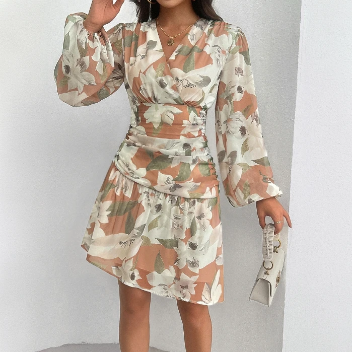 

Women's Elegant Dress 2024 Summer Autumn Latest V-Shaped Collar Printed Waist A-Line Skirt Lantern Sleeve High Waist Maxi Dress