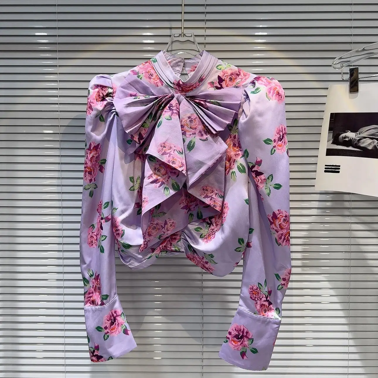 

Faionable Knot Collar Flower Print Bubble Sve irt Women's irt French Sle Slim Fit Polyester Long Sve ...