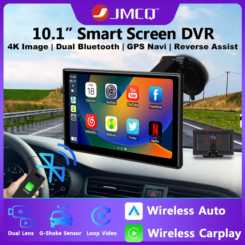 JMCQ 10.1 inch Large Screen Car Radio Multimedia Wireless Carplay Android Auto GPS Navigation Dual Bluetooth 4K Front Cam Player