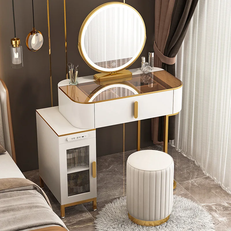

Light Luxury Glass Dressing Table New Black and White Gray with Mirror Makeup Table Storage Cabinet Integrated Bedroom Furniture