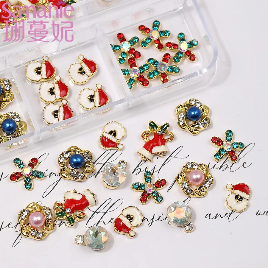 6Grids Cartoon Enamel Christmas Bell Santa Claus Nail Art Charms 3D Multicolor Rhinestone Pearl Flower Nails Jewelry Accessories