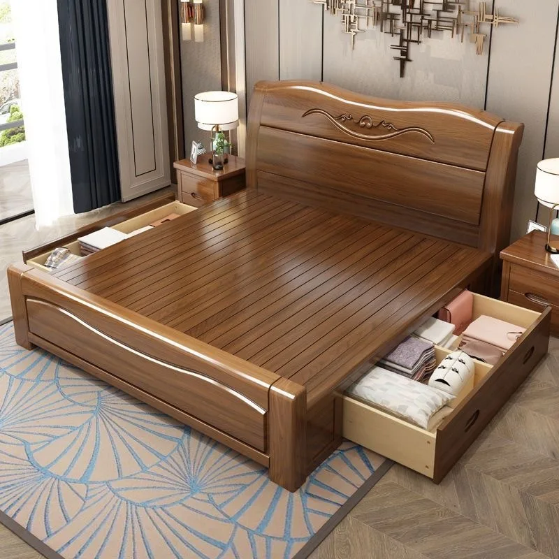Walnut, modern Chinese style, double bed, master bedroom storage queen bed