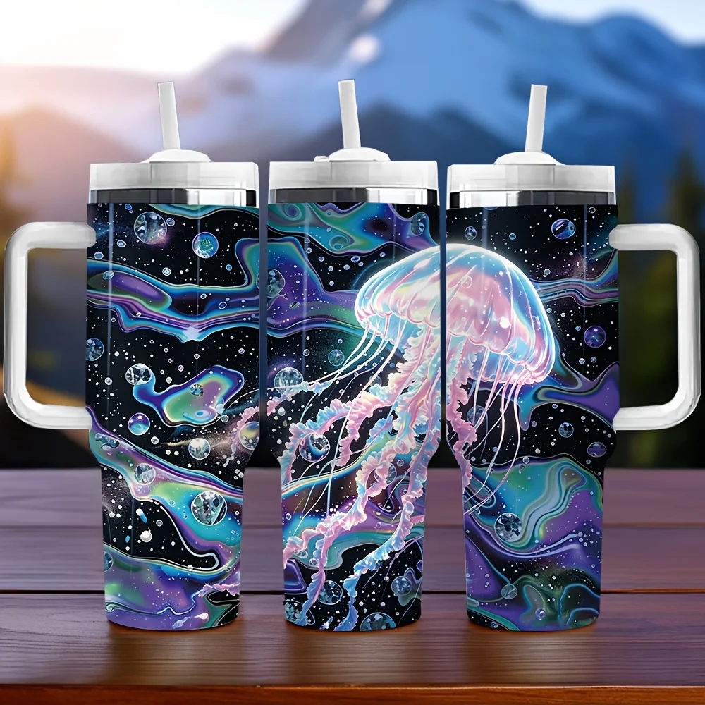 40Oz Insulated Tumbler with Handle, Glowing Jellyfish Print, Suitable for Men And Women, Ideal As Holiday Birthday Gift, Long-Term Heat Preservation, Perfect for Daily Use, Outdoor Travel, And Activities