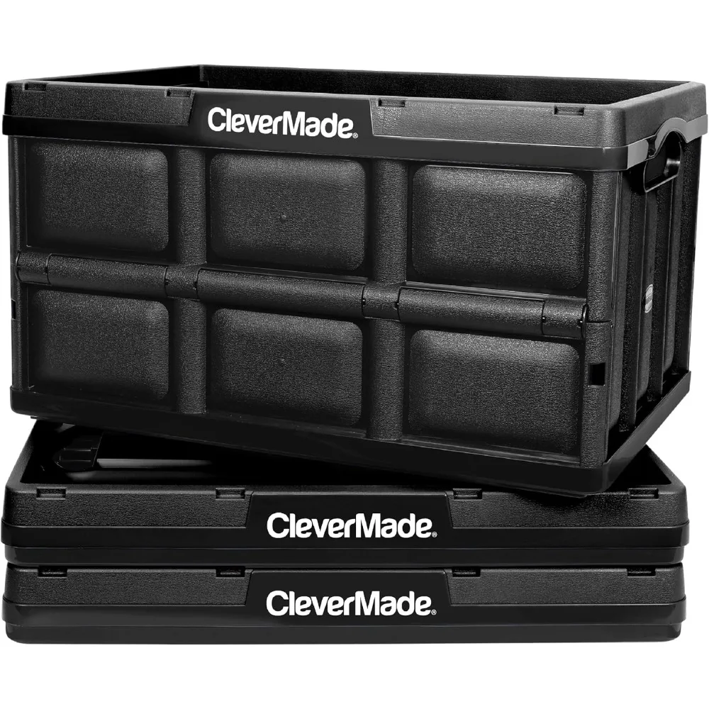 CleverMade Collapsible Storage Bin, Black, 3PK - 62L (16 Gal) Stackable Storage Containers, Holds 100lbs Per Bin