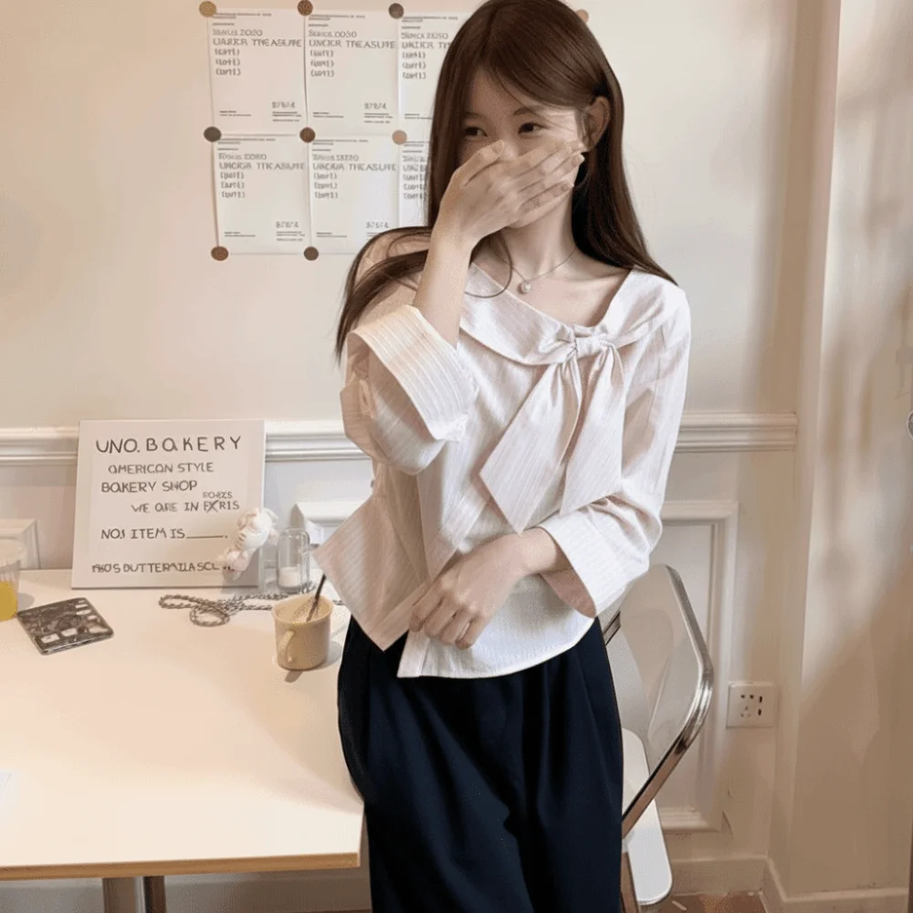 

Fashion Knot Loose Fit Shirt French Style Striped Long Sleeve Top Casual Women's Top Spring Autumn