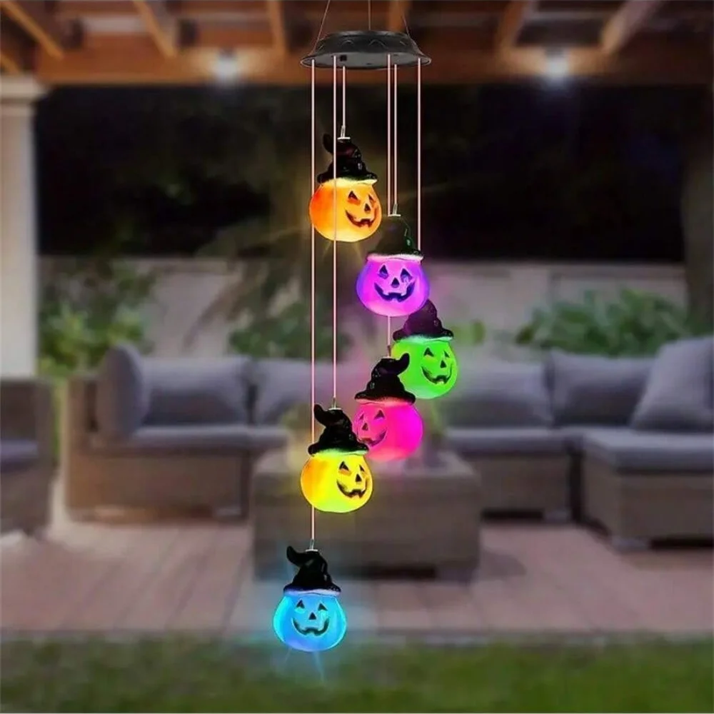 1PC Suspended Solar Halloween Pumpkin Wind Chime Light String, Outdoor Courtyard Ghost Festival Decoration Pendant Light