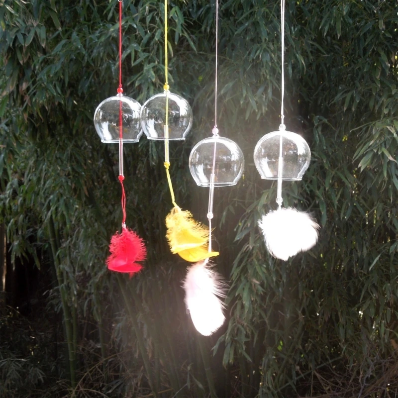 12pcs/pack 7*6cm Transsparent Glass Windchime With Feather Decorative Japanese Style Hanging Glass Bell Handmade Ornament Gift