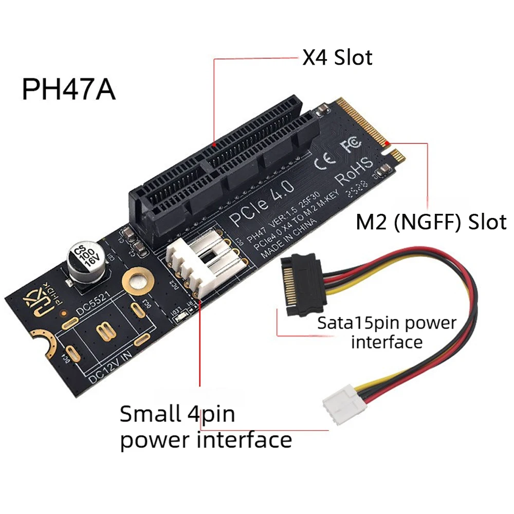 NGFF To PCIE 4.0 Adapter Riser Card M.2 M2 M Key To PCIe X4 X1 Support X8 X16 Slot Expansion Card 3 Interface Options SATA Power