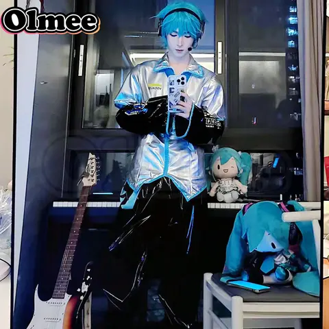 [Olmee]In magazzino maschio Miku ragazzo uniforme vestito Cosplay Costume abbigliamento tessuto lattice pelle V2 Set completo parrucca Halloween natale
