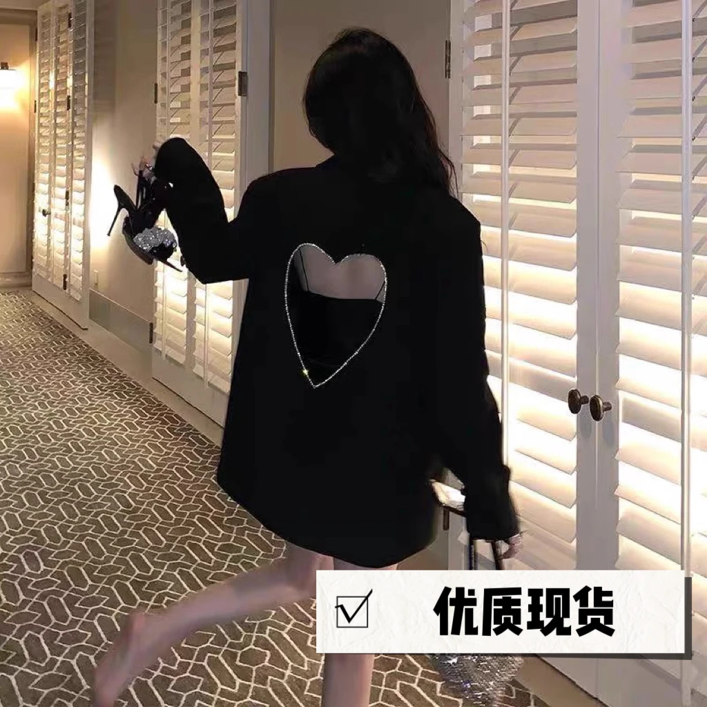 

High Quality Fashion Open Back Heart Diamonds Blazer Coat Spring Autumn Women Casual Turn Down Collar Single Breasted Outwear